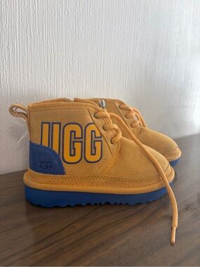 UGG Kids Golden Yellow Suede Lace-Up Boots with Blue Sole